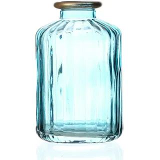 Mini Glas Vase mit Rillen für Blumen Glasflasche mit Goldrand blau