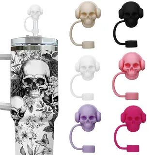 CEDIDJAC Trinkhalmdeckel für Stanley-Becher mit niedlichem Totenkopf-Design, kompatibel mit Stanley Trinkhalm-Aufsätzen, Silikon, wiederverwendbar, für Halloween, Stanley-Becher-Zubehör, 6 Stück