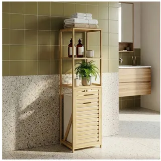 [en.casa] Badregal mit Wäschesammler Anun 130 x 36 x 33 cm Badezimmer Regal aus Bambus 2 offene Ablagefächer Standregal herausnehmbarer Wäschekorb 43,5 L Holzfarben