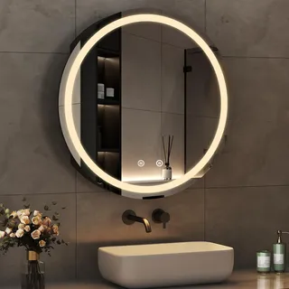 Boromal Spiegelschrank Rund mit Beleuchtung Schwarz LED Spiegelschrank Bad mit Beleuchtung Metall Badezimmerschrank mit Dimmbar + Beschlagfrei + Stecker + Ablage (60 x 60 cm)