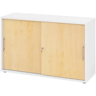 bümö Schiebetürenschrank 2OH - Aktenschrank abschließbar, Sideboard Schrank mit Schiebetüren in Weiß/Ahorn, Relinggriff - Büroschrank aus Holz mit
