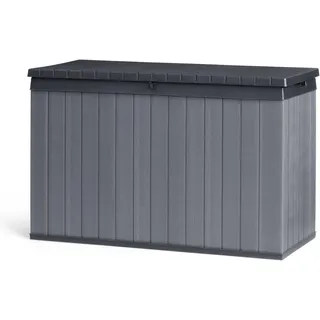 Keter Darwin Gartenbox 662L Graphit – Wetterfeste Outdoor Aufbewahrungsbox in Holzoptik, abschließbarer Deckel mit Hydrauliksystem, UV-geschützt, wartungsfrei, Sitzgelegenheit für 2 Personen