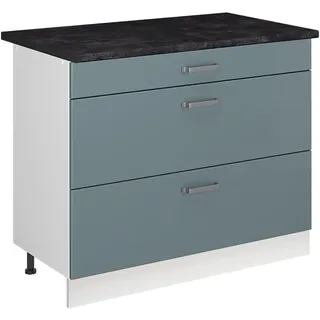Vicco Küchenunterschrank R-Line, Blau-Grau/Weiß 100 cm | 3 Schubladen · Arbeitsplatte Anthrazit · Höhenverst. Füße · Metallgriffe · ✓ Frei kombinierbar