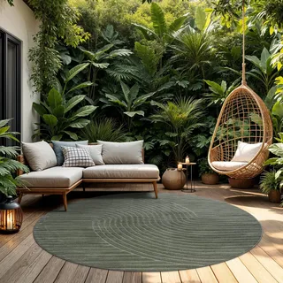 TT Home Outdoor Teppich Rund 160 cm Grün, Wetterfest & Robust modernes Boho Skandi Design mit 3D-Optik, für Terrasse & Wohnzimmer