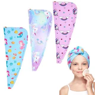 Xialvyu 3 Stück Kinder Haarturban Mikrofaser Handtuch mit Knopf | Cartoon Turban Handtuch Schnelltrocknend Einhorn Meerjungfrau Herz Motiv geeignet für Mädchen und Damen