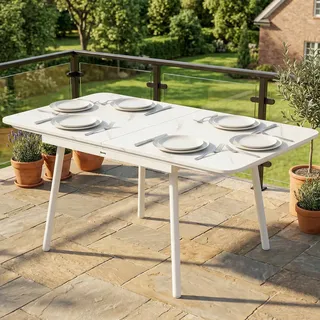 Rechteckiger Gartentisch Für 4–6 Personen, Tischplatte Aus Wpc Und Metallgestell, Verstellbare Beine, 140 X 80 X 75 Cm, Weiß
