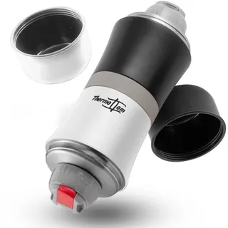 ThermoTom Thermoskanne 1l Edelstahl mit Becher • Thermosflasche groß für 2 Getränke • Thermoflasche für Unterwegs • Thermokanne als Warmhaltebehälter (Black and White + Grey)