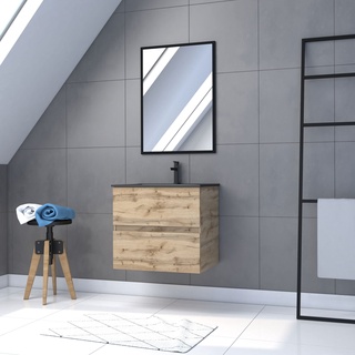 Badezimmerschrank mit Schublade/Waschbecken/Spiegel, Schwarz, 60 x 80 cm, Eiche Natur