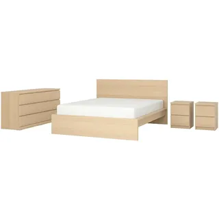 IKEA MALM Schlafzimmermöbel 4er-Set Eichenfurnier weiß lasiert 140x200 cm
