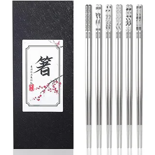 6 Paar Edelstahl Essstäbchen, Wiederverwendbare Chinesische Japanischen Essstäbchen, 23.5cm Metall Stäbchen, Rutschfest, Spülmaschinenfest