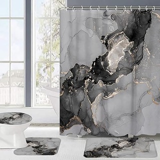4-teiliges graues Marmor-Duschvorhang-Set, abstrakter grauer Marmor mit goldenen Adern, moderner Badezimmervorhang mit rutschfesten Teppichen, WC-Deckelbezug und Zubehörhaken (grau)