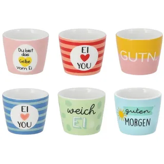 Macosa Home Eierbecher 6er Set bunt lustig 5 cm Steingut, (Geschenkidee Küche, 6-tlg., für Frühstück Brunch Ostern Tischdeko), Eierhalter mit Spruch farbenfroh bunt