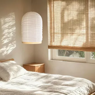 Methedeeco Hängelampe mit Stecker, handgefertigte Pendelleuchte aus Stoff und Bambus, 4.75 m Kabel, 34 x 50 cm, Boho Lampe für Schlafzimmer, Wohnzimmer, Essbereich, ohne Leuchtmittel
