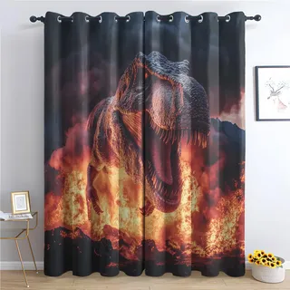 Luxfieo Dinosaurier Vorhänge 3D Dino T-Rex Vulkan Lava Vorhang Blickdicht Gardinen Verdunklungsvorhänge mit Ösen Thermovorhang für Wohnzimmer Schlafzimmer Fenster Deko 2er Set H 166 x B 75 cm