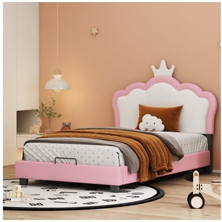 Flieks Polsterbett, Kinderbett mit Kroneform Kopfteil Kunstleder 90x200cm rosa 105 cm x 208 cm x 112 cm