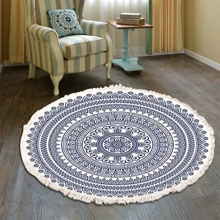Bohemian Teppich Rund - Mandala Muster Mit Quasten, Waschbarer Baumwolle für Wohnzimmer Schlafzimmer (60cm, Blau)