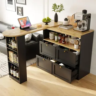 Wohnzimmer Bartisch 360° drehbarer Bartisch Kücheninsel mit Stauraum 4 Schubladen und offenen Ablagen, Multifunktionaler Stauraum Schrank,für Wohnzimmer, Arbeitszimmer und Esszimmer – Schwarz