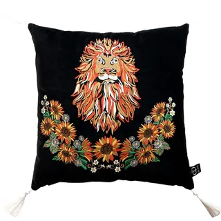 Casa Padrino Luxus Deko Kissen mit Troddeln Löwe Schwarz / Mehrfarbig 45 x 45 cm - Feinster Samtstoff - Luxus Qualität