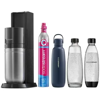 Sodastream Duo titan + Glaskaraffe + PET-Flasche + Metallflasche + Zylinder
