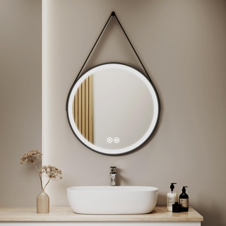 S'AFIELINA Badspiegel Rund 60cm Schwarz Badezimmerspiegel mit Beleuchtung Dimmbar LED Badspiegel Rund mit Touch Schalter 3 Lichtfarbe Warmweiß Neutral Kaltweiß Lichtspiegel