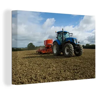 MuchoWow© Leinwand Bilder, Einzigartige Wanddeko mit Rahmen, Traktor | 90x60 cm - Blau - Landleben - Wolken, Wandbilder Wohnzimmer, Deko Schlafzimmer