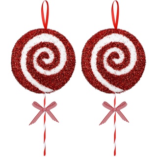 Poen 2 Stück Lutscher Süßigkeiten Weihnachtsbaum Dekorationen 7,8 Zoll Hängender Weihnachtsbaum Süßigkeiten Ornamente Rot und Weiß Weihnachten Lutscher Dekorationen mit Spirale Design Band für