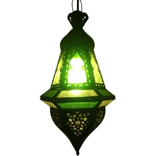 Hängelampe Anya Metall in Bronze-Antik sowie grün-klares Glas 35 cm | Anya besitzt eine E14-Fassung bis 25 W; das Leuchtmittel ist nicht dabei. Dieses Metall ist perforiert und handgearbeitet.