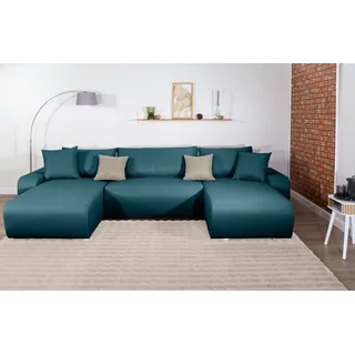 Wohnlandschaft COLLECTION AB "Paola U-Form, B: 314 cm", petrol, B:314cm H:41cm T:169cm, 100%Polyester, Sofas, Wohnlandschaft, Bettfunktion, Bettkasten & 4 Zierkissen, Federkern
