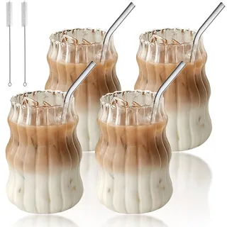 4 Stücke 500ml Latte Macchiato Gläser: Kaffeegläser Doppelwandige Gläser mit Trinkhalm und Weiche Bürste, Cappuccino Tassen für Cappuccino Latte Tee EIS Eistee Iced Americano Milch Saft Bier (C)