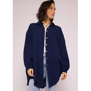 SASSYCLASSY Longbluse Oversize Musselin Bluse Damen Langarm Hemdbluse lang aus Baumwolle mit V-Ausschnitt, One Size (Gr. 36-48) blau