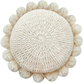 kitletsuit Boho Runden Kissen werfen Mit niedlichen handgefertigten Pom Poms Quasten 45cm, dekoratives kreisförmiges Häkelkissen für Couch, Sofa, Stuhl, Bett, Beige