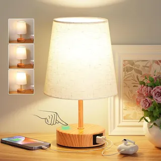 Touch-nachttischlampe Mit Usb-c- Und Usb-a-ladeanschlüssen, 3-stufiger Dimmfunktion, Leinenschirm, Dunklem Holzfuß, Kleine Tischlampe Für Schlafzimmer, Wohnzimmer, Kinderzimmer Und Büro