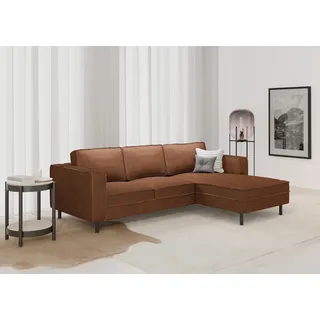 Ecksofa PLACES OF STYLE "Watkins, wahlweise mit Schlaffunktion/Bettkasten, moderne offene Naht", braun (cognac), B:232cm H:81cm T:161cm, 50% Leder, 40% Polyester, 10% Polyamid, Backing 60% Leder, Sofas, Recamiere beidseitig montierbar, L-Form, Breite 232 cm