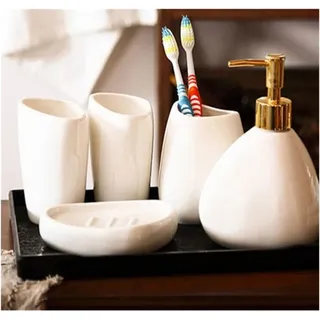 GTOULHH Badaccessoires, 5-teiliges Badezimmer-Accessoire-Set Aus Keramik, Bad-Ensemble Inklusive Zahnbürstenhalter, Becher Seifenspender Badezimmer Set(Gold)