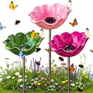 TETGSET Blumen Gartenstecker VogelträNke, 2026 Neu Metall Blumen Gartenstecker, BienenträNke, Schmetterlinge Insekten Tränke für Den Garten, VogelträNke Futterschale Rasen & Balkon (3pcs *D)