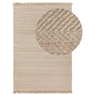 Wollteppich Lars, benuta, rechteckig, Höhe: 5 mm, Wolle, handgewebt, Mit Fransen, Wohnzimmer beige|weiß 200 cm x 300 cm x 5 mm