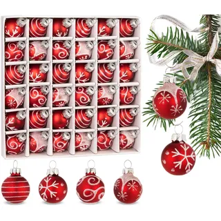 BRUBAKER 36-teiliges Set Weihnachtskugeln mit 3 cm Baumkugeln - Handbemalter Christbaumschmuck Mini Kugeln für Weihnachtsbaum und Weihnachtsdeko - Weihnachtsbaumkugeln aus Glas - Rot