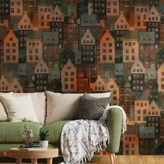 Livingwalls Travel Styles Vliestapete - Altstadttapete in Bunt und Blau - skandinavische Wandtapete für verschiedene Räume in 1,59 m x 2,80 m