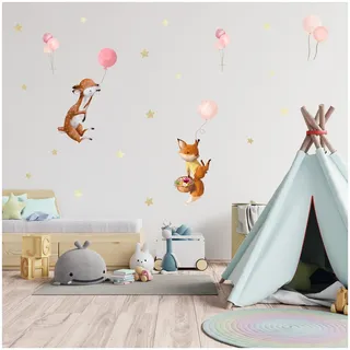 Wandsticker personalisiert Sticker Aquarell Tiere mit Name Wandtattoo für Kinderzimmer Babyzimmer Spielzimmer Mädchen Junge Y037 (Nr. 13 Waldtiere mit Ballons, Ohne Wunschname)