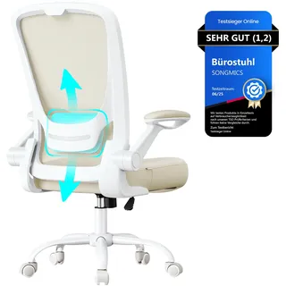 SONGMICS Bürostuhl ergonomisch, Drehstuhl mit Mesh, Lenden- und Kopfstütze, Wippfunktion, 53 cm große Sitzfläche, klappbare Armlehnen, Arbeits- und Schlafzimmer, Studenten, haferflockenbeige OBN037K02