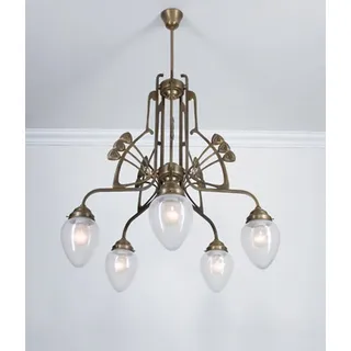 Licht-Erlebnisse Pendelleuchte D88, ohne Leuchtmittel, Glas Messing H: max. 137 cm in Berliner Blau E27 Jugendstil blau|bunt