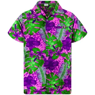King Kameha Hawaiihemd Grün Lila Blume Funky Hawaii-Hemd Kurzarm Front-Tasche Stylish Unisex rosa M