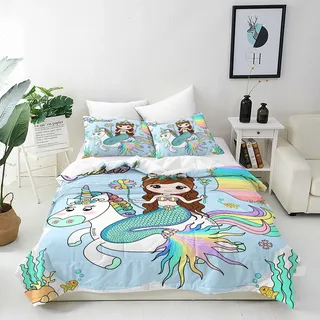 ANHOPE Prinzessin Meerjungfrau Einhorn Bettwäsche Set 2 Teilig Weich Bettbezug 135x200 cm & Kissenbezug 80x80 cm Microfaser Bettbezüge Set mit Reißverschluss Bettdeckenbezug für Kinder Mädchen