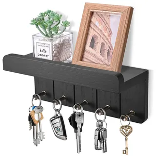 Kldgris Schlüsselbrett mit Ablage, Schlüsselbrett Holz, Dekoratives Wandregal mit 5 Schlüsselhaken, Wand Schlüsselboard für Eingangsbereich, Flur, Küche, Schlafzimmer (Schwarz)