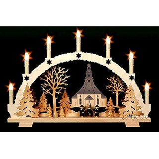 3D Schwibbogen Seiffener Kirche & Kurrende 7 Kerzen, 53cm x 35cm - Handarbeit Erzgebirge Weihnachten erzgebirgischer