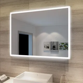 SONNI Badspiegel mit Beleuchtung 80x60 cm Kaltweiß vertikal & horizontal | HD Spiegel kupfer- & bleifrei mit staubdichter Rückwand IP44. Nur über Wandschalter. für Renovierung & Gewerbeimmobilien