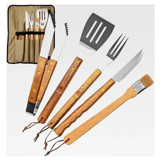 Grillbesteck Set (5-teilig): Set mit Grillzange, Fleischgabel, Grillmesser, Pinsel und Wender, Grillzubehör mit Tasche, Grillutensilien für Männ...