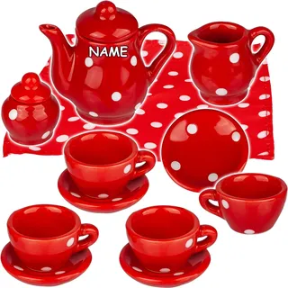 alles-meine.de GmbH 14 TLG. Set Puppengeschirr/Kaffeeservice & Teeservice - Bunte Punkte - inkl. Name - Geschirr Porzellan/Keramik - Porzellangeschirr - Kinderküche - Pickn..