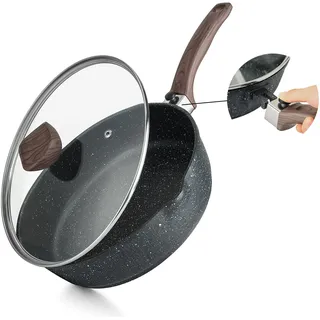 Kordisen Antihaft-Bratpfanne mit Deckel, 28 cm Induktion Sautepfanne mit Abnehmbarem Holzgriff, Granitsteinbeschichtung zum Kochen, Kompatibel für alle Herdarten, PFOA-frei