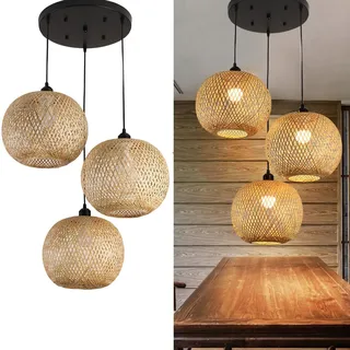 AIAO Hängelampe Esstisch Handgewebte Bambus Retro hängeleuchte E27 pendelleuchte 3-flammig Kronleuchter Vintage Pendellampe for Wohnzimmer Schlafzimmer Esszimmer Cafe Bar Bauernhaus lampen kugellampe